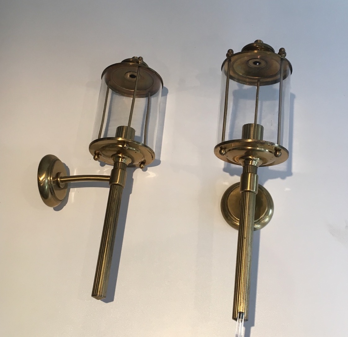 Pair Of Neoclassical Round Brass Lanterns With Round Glasses. Around 1940-photo-2