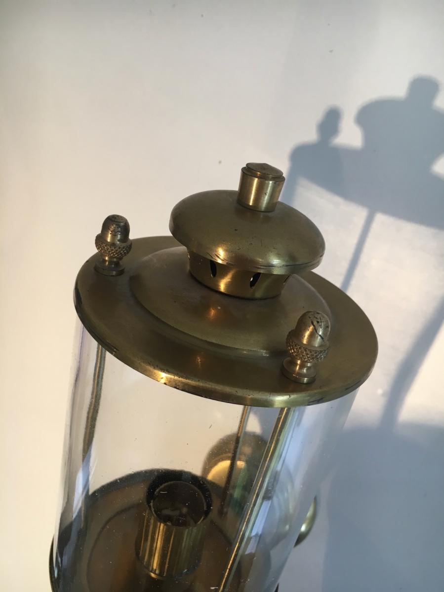Pair Of Neoclassical Round Brass Lanterns With Round Glasses. Around 1940-photo-3
