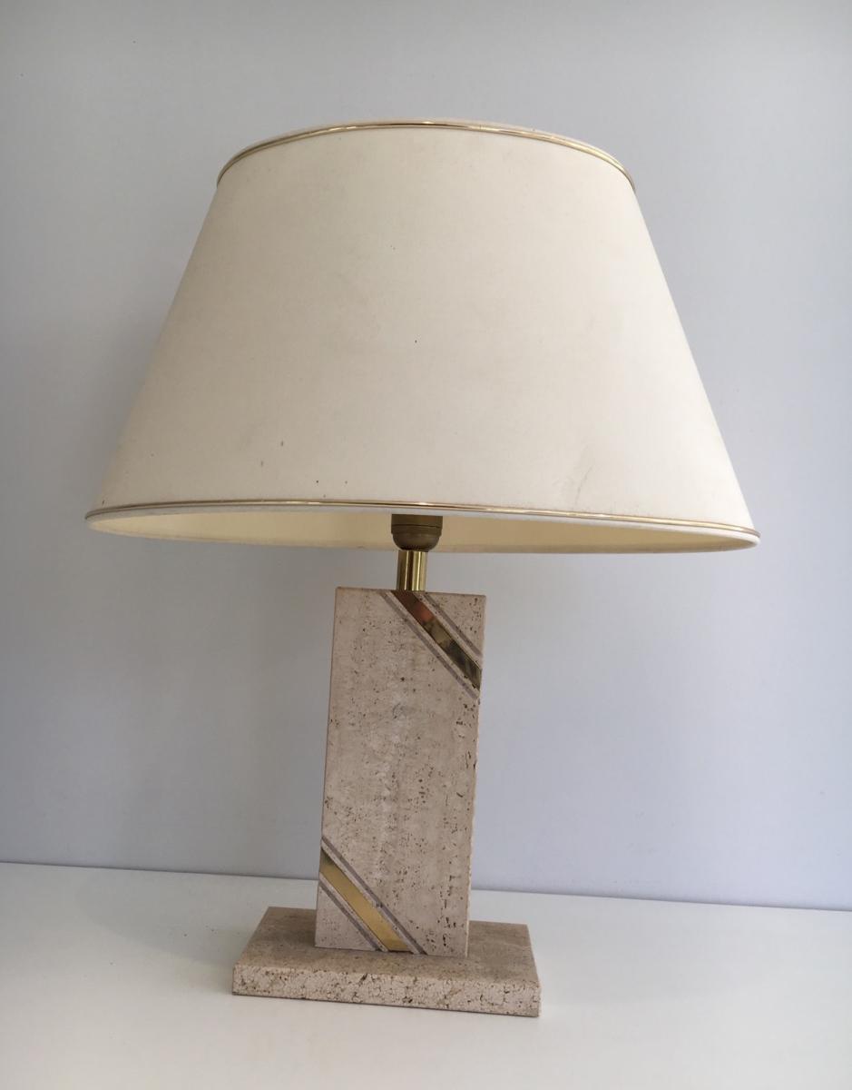 Lampe En Travertin Et Incrustation De Laiton-photo-4