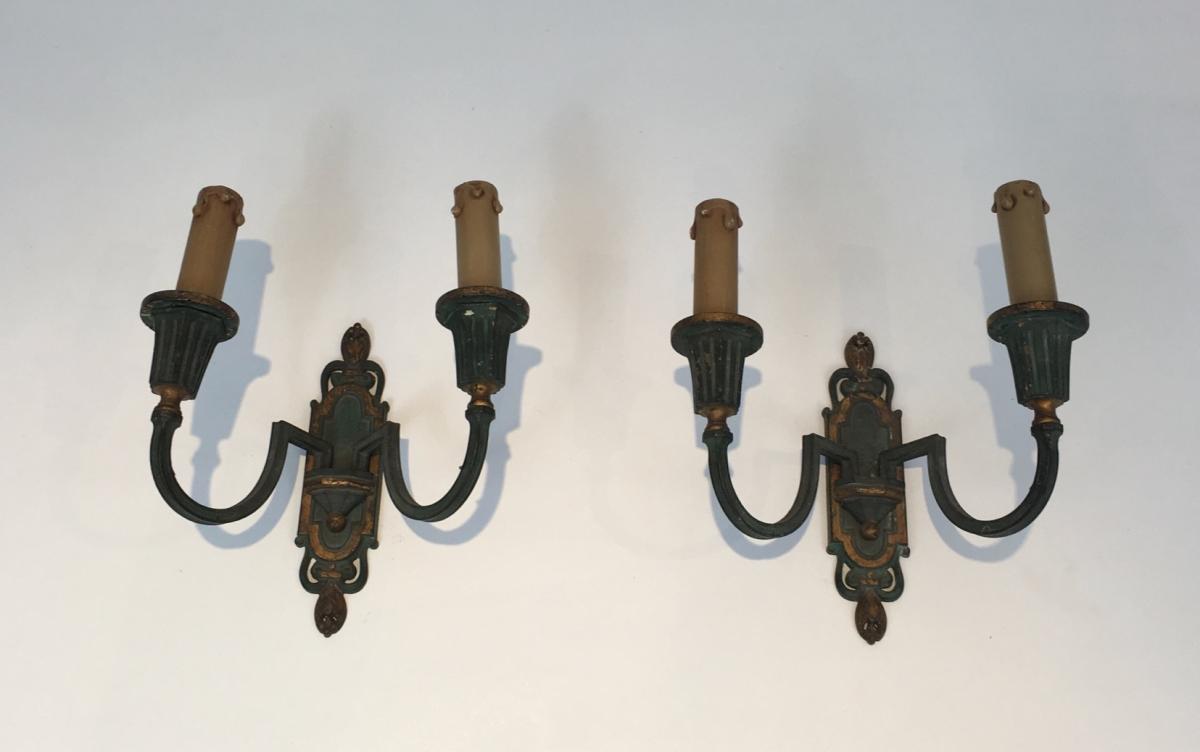 Interesting Pair Of Bronze Wall Lamps With Green And Gold Patina-photo-2