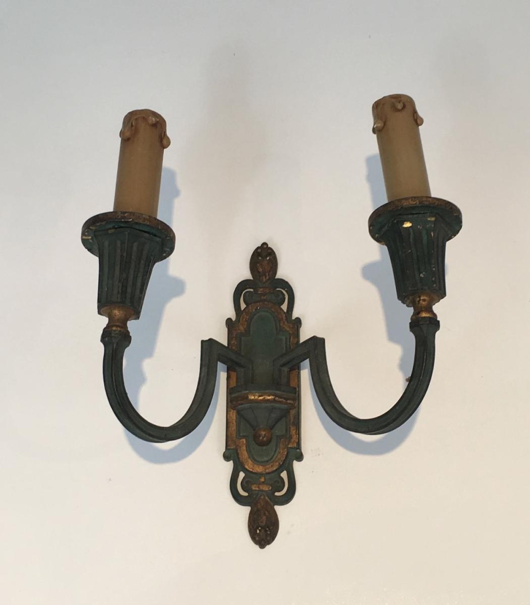 Interesting Pair Of Bronze Wall Lamps With Green And Gold Patina-photo-3