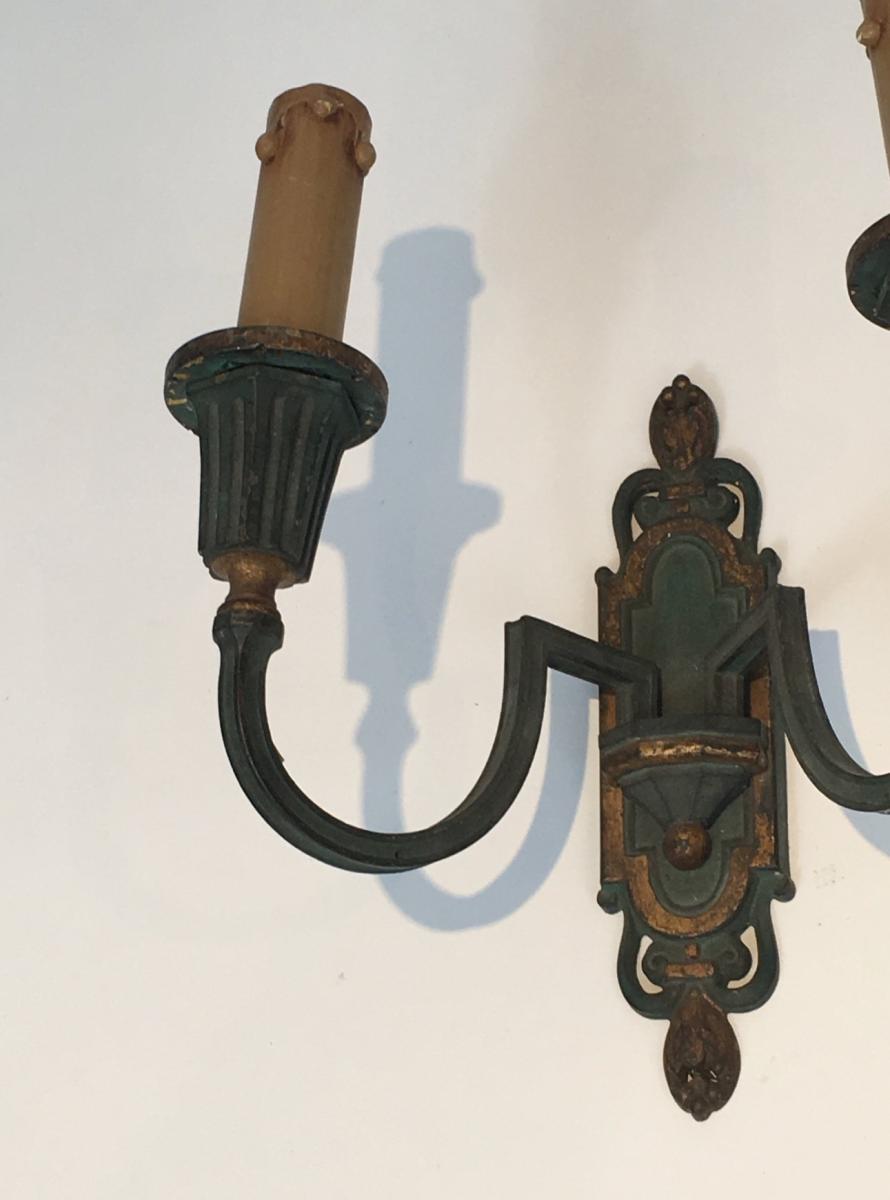 Interesting Pair Of Bronze Wall Lamps With Green And Gold Patina-photo-2
