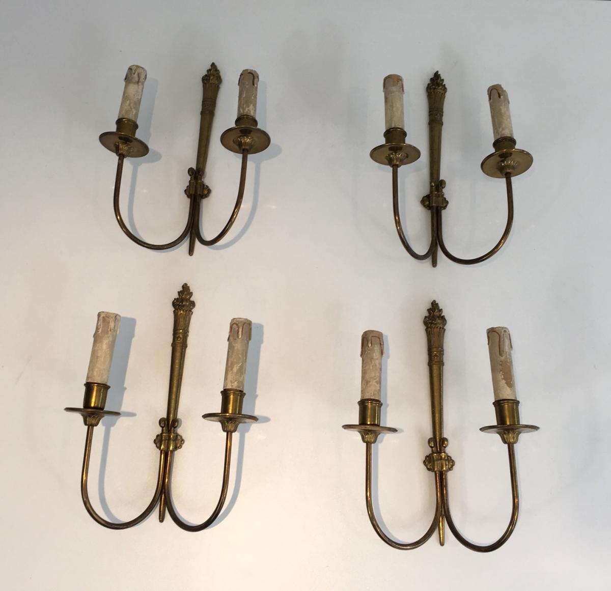 Suite Of Four Neoclassical Wall Sconces In Bronze.-photo-8