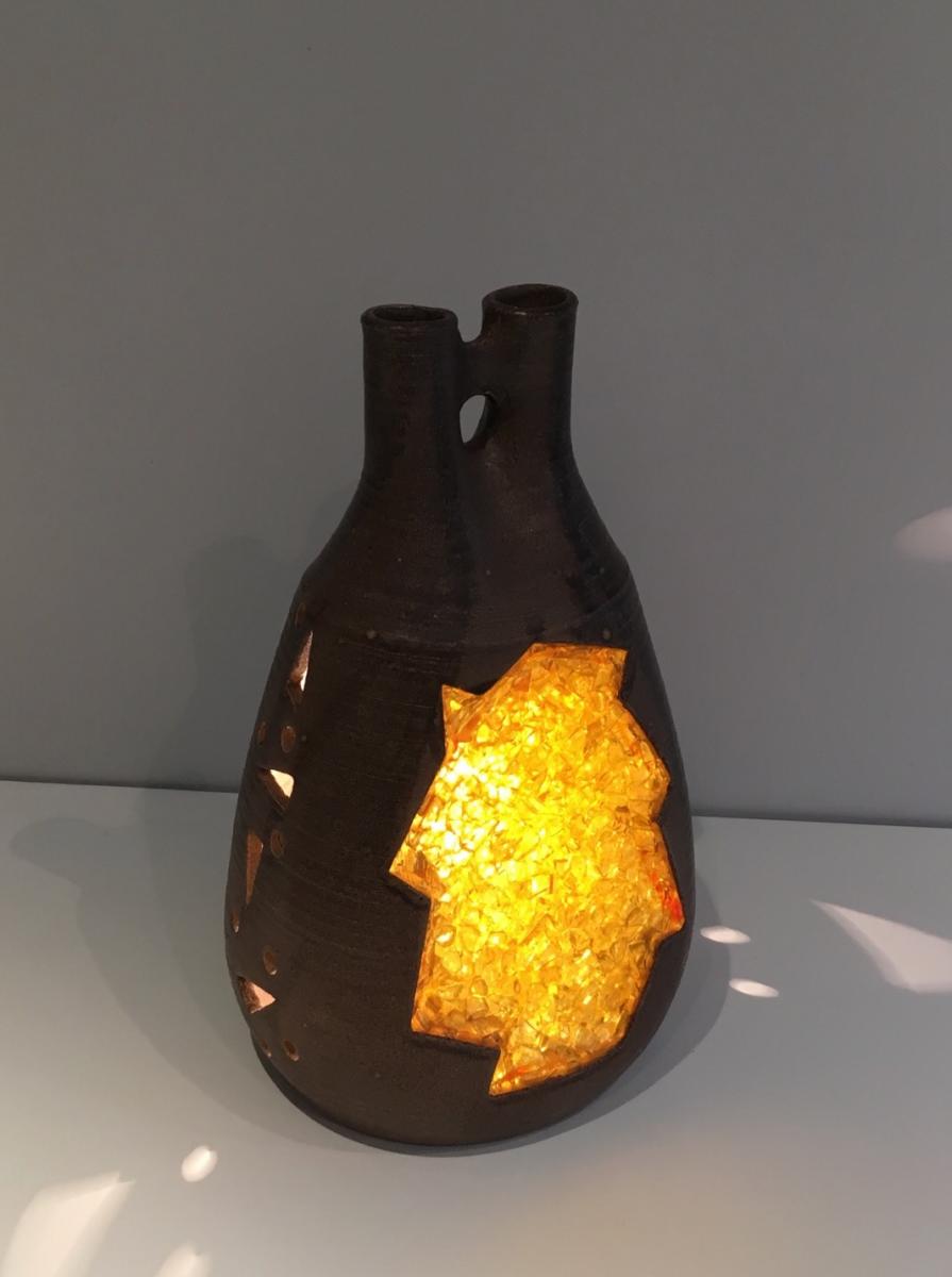  Lampe En Céramique Et Verre Jaune Orangé. Vers 1970 