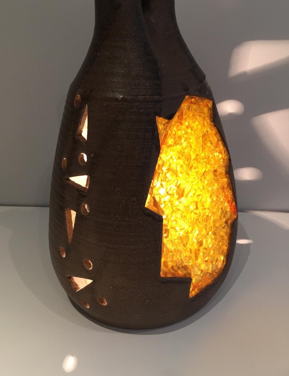 Unusual Ceramic And Yellow Glass Lamp. Circa 1970 -photo-2