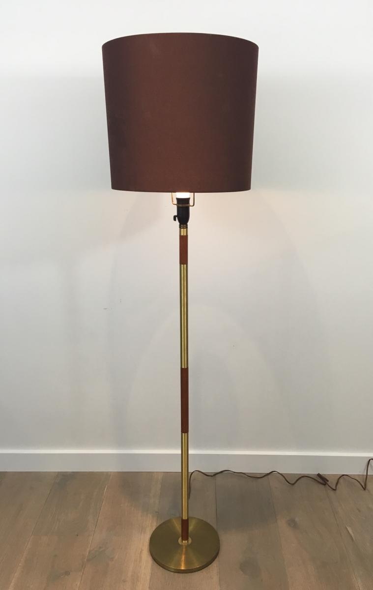 Floor Lamp Parquet Wood And Brass. Around 1970-photo-1