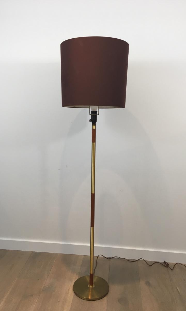 Floor Lamp Parquet Wood And Brass. Around 1970-photo-3