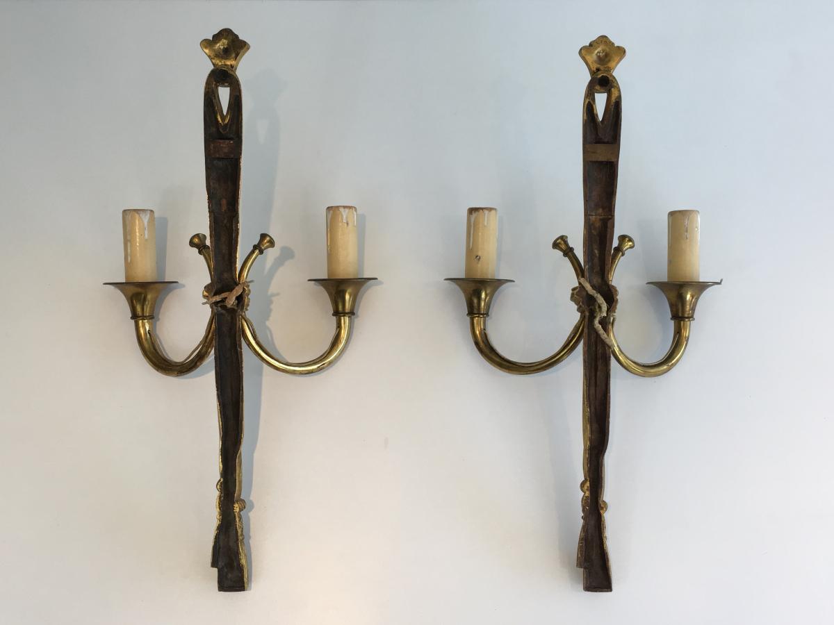 Important Pair Of Louis XVI Style Bronze Wall Sconces With Bows And Ribbons.-photo-5