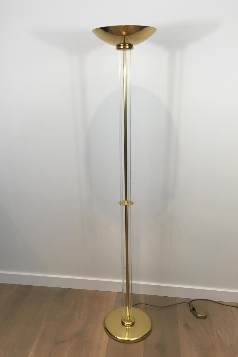 Floor Lamp Design Parquet In Golden Brass And Plexiglass. Around 1970