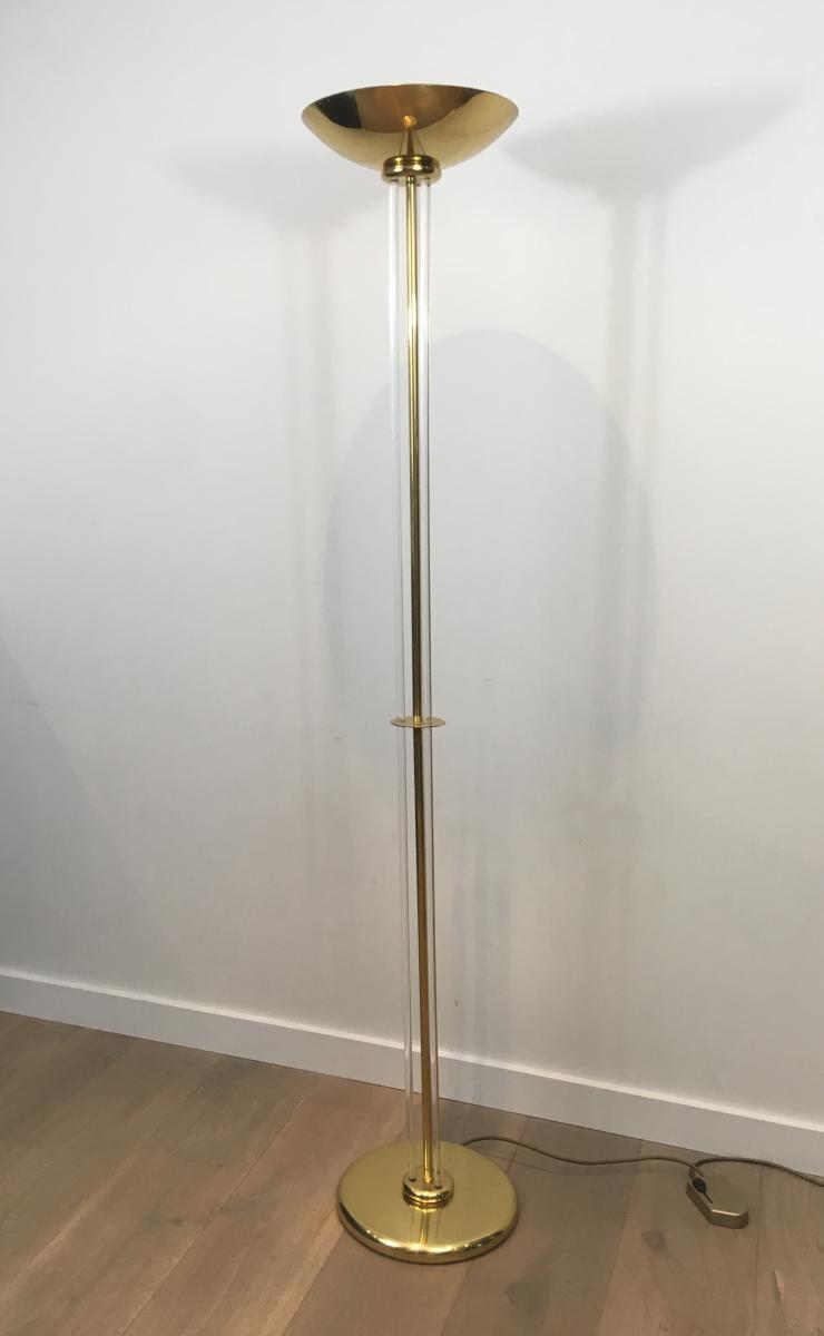 Floor Lamp Design Parquet In Golden Brass And Plexiglass. Around 1970-photo-2