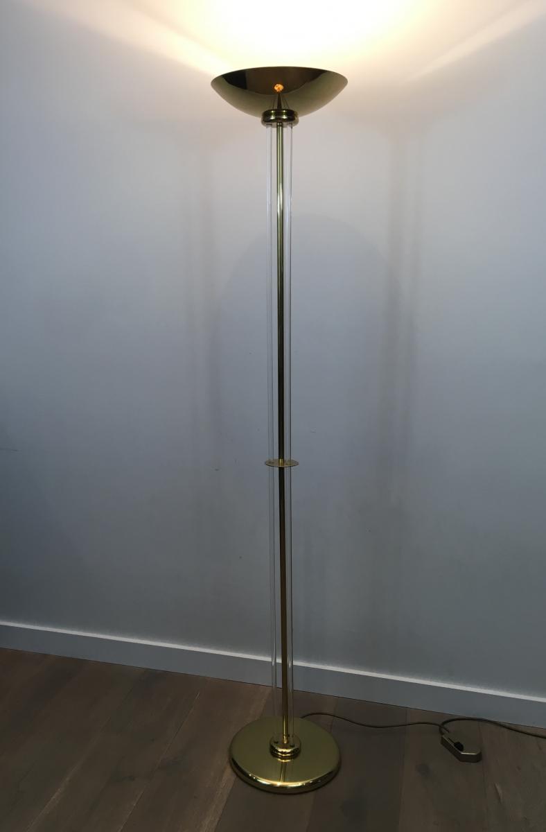 Floor Lamp Design Parquet In Golden Brass And Plexiglass. Around 1970-photo-3