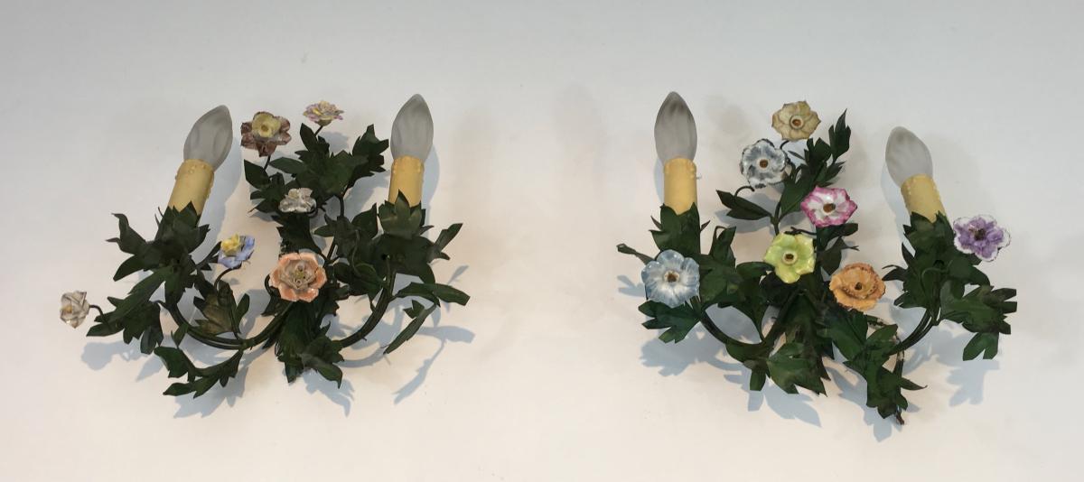  Paire d'Appliques En Fer Patiné Et Fleurs De Porcelaine. Vers 1960 -photo-7