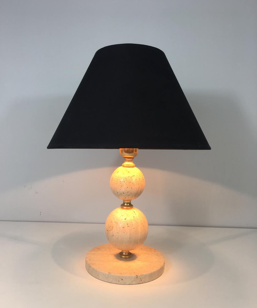  Lamp En Travertin Et Laiton. Abat-jour En Shintz Noir Intérieur Doré. Vers 1970 -photo-2