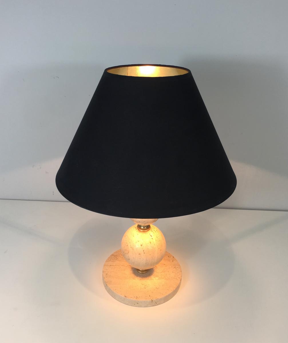  Lamp En Travertin Et Laiton. Abat-jour En Shintz Noir Intérieur Doré. Vers 1970 -photo-4