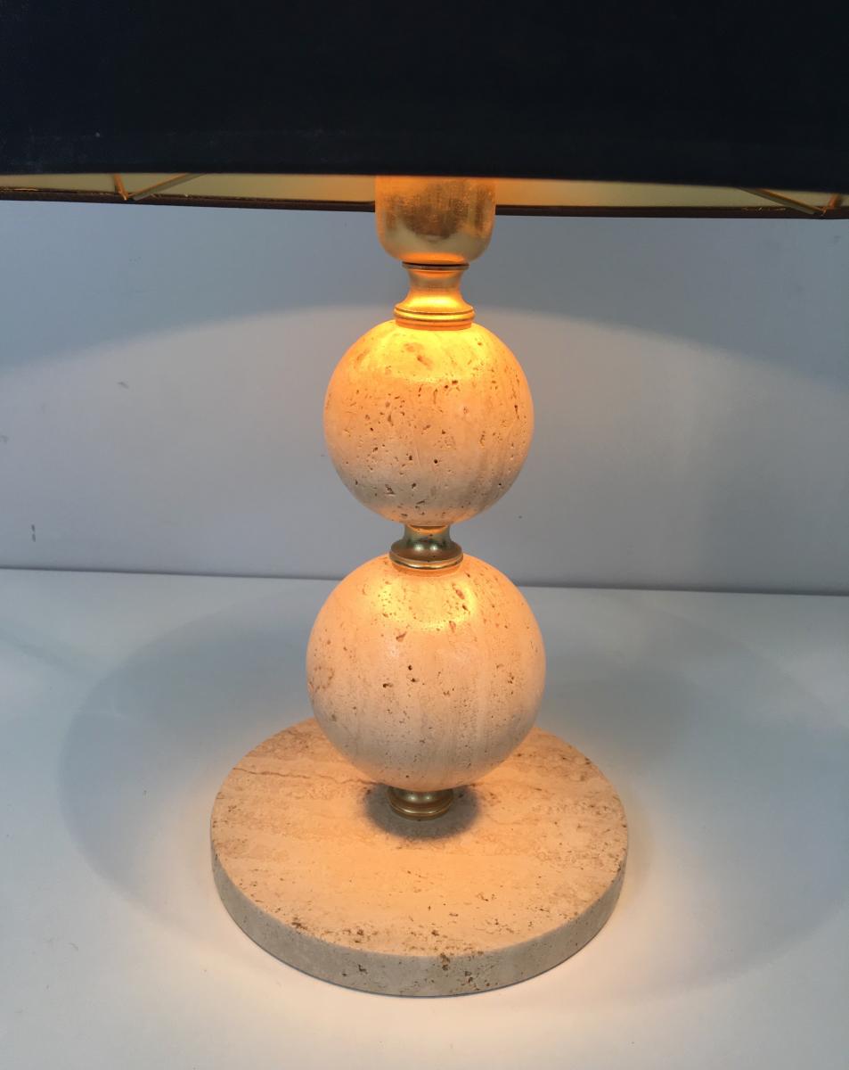  Lamp En Travertin Et Laiton. Abat-jour En Shintz Noir Intérieur Doré. Vers 1970 -photo-2