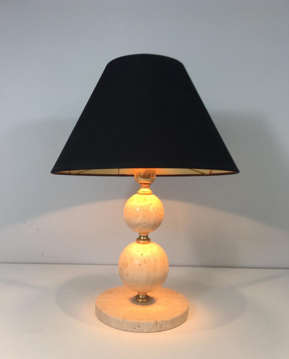  Lamp En Travertin Et Laiton. Abat-jour En Shintz Noir Intérieur Doré. Vers 1970 -photo-4