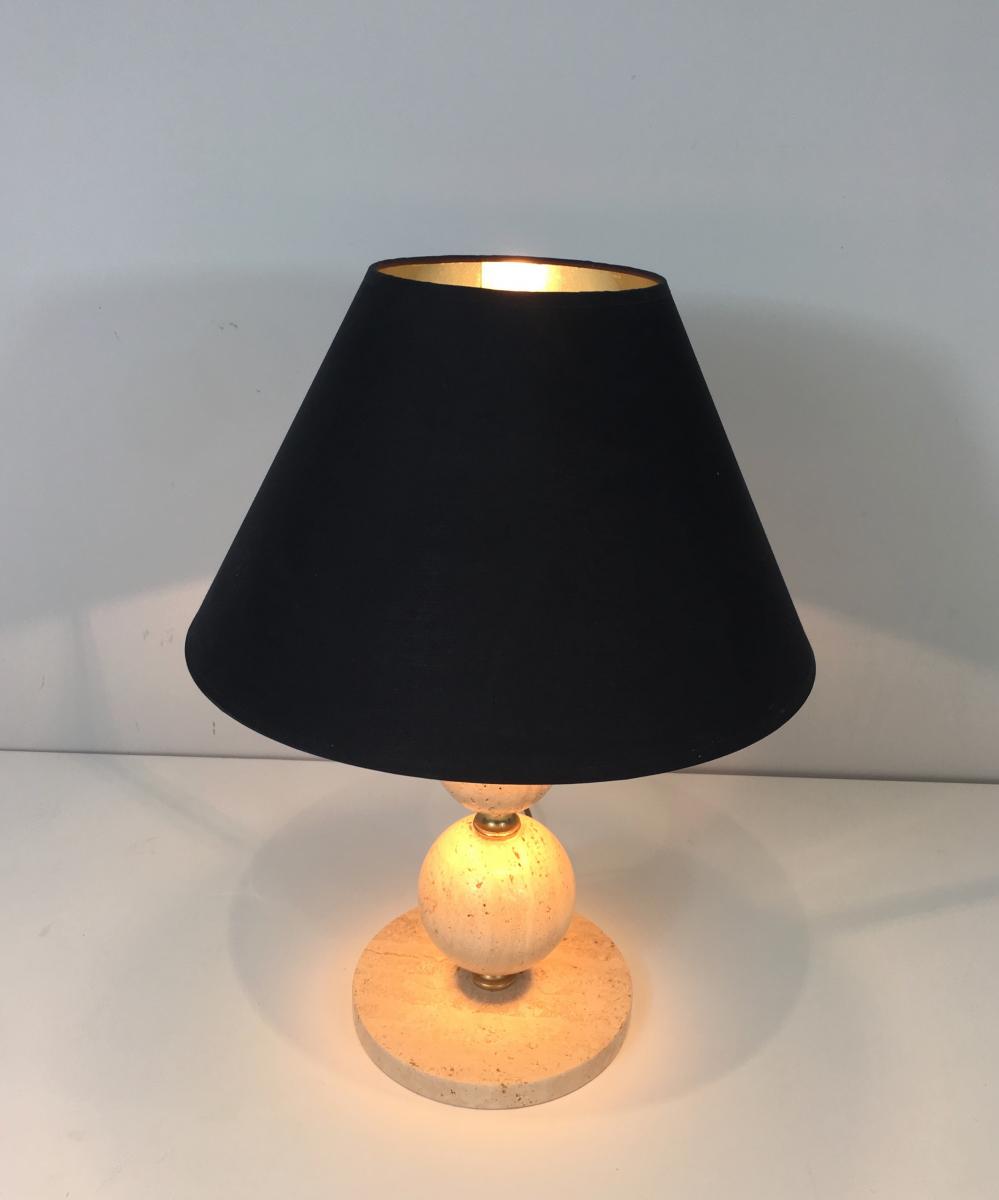  Lamp En Travertin Et Laiton. Abat-jour En Shintz Noir Intérieur Doré. Vers 1970 -photo-5