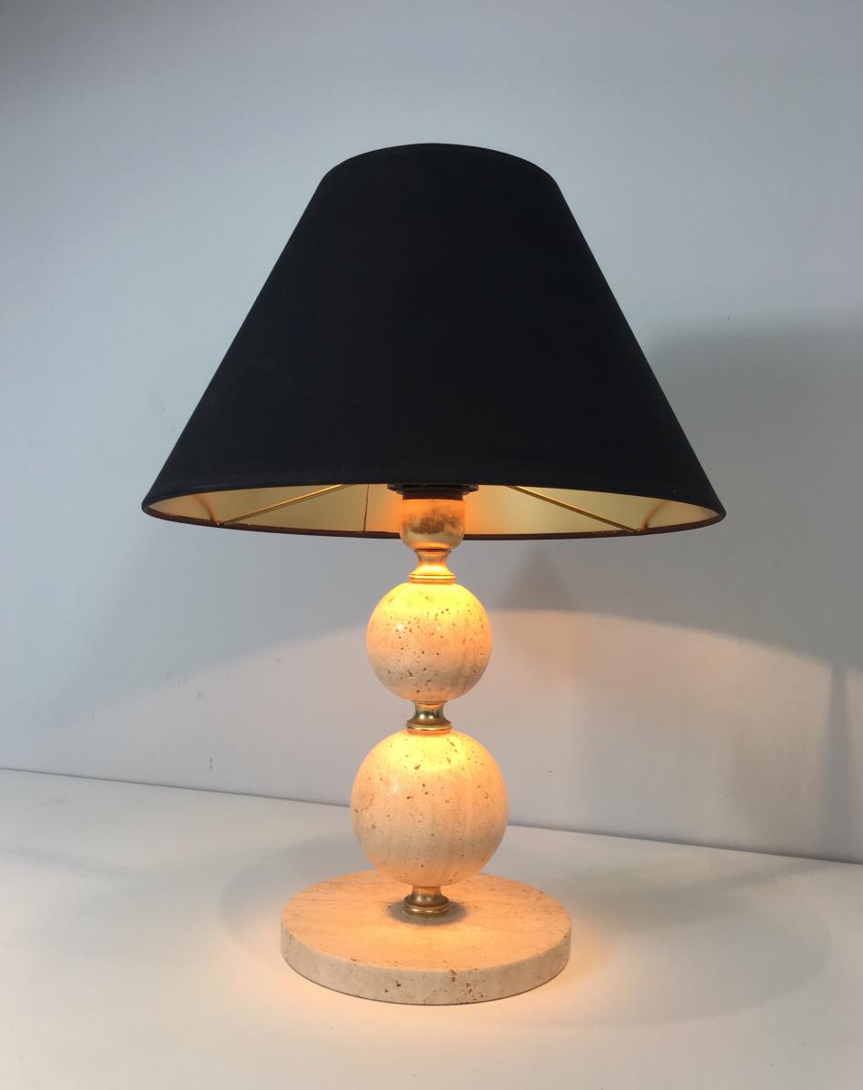  Lamp En Travertin Et Laiton. Abat-jour En Shintz Noir Intérieur Doré. Vers 1970 -photo-6