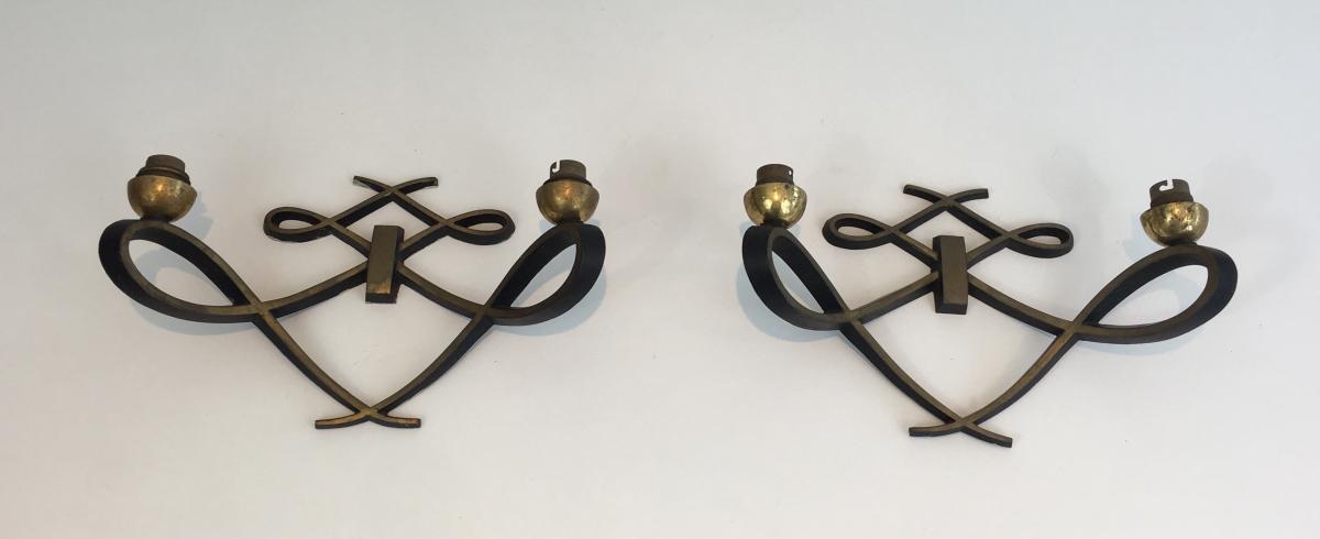 Pair Of Design Wall Lamps In Black Lacquered Metal And Brass. Around 1950-photo-2