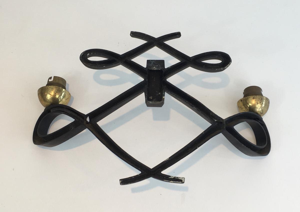 Pair Of Design Wall Lamps In Black Lacquered Metal And Brass. Around 1950-photo-3