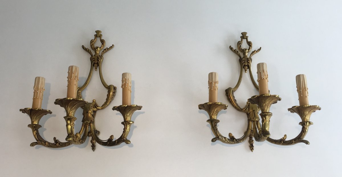 Paire d'Appliques De Style Louis XV En Bronze à 3 Bras De Lumière. Vers 1960-photo-5