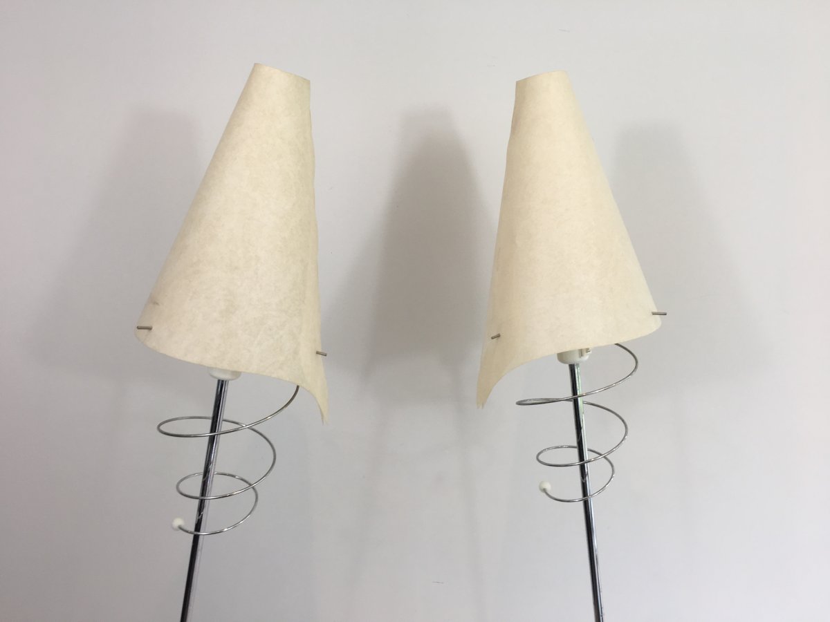 Pair Of Design Floor Lamps In Chrome, With White Lacquered Bases & Design White Plastic Shades-photo-2