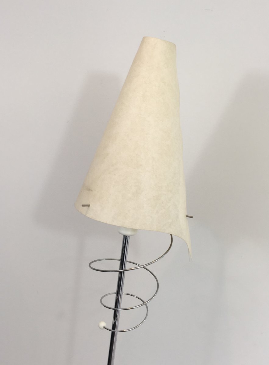 Pair Of Design Floor Lamps In Chrome, With White Lacquered Bases & Design White Plastic Shades-photo-7