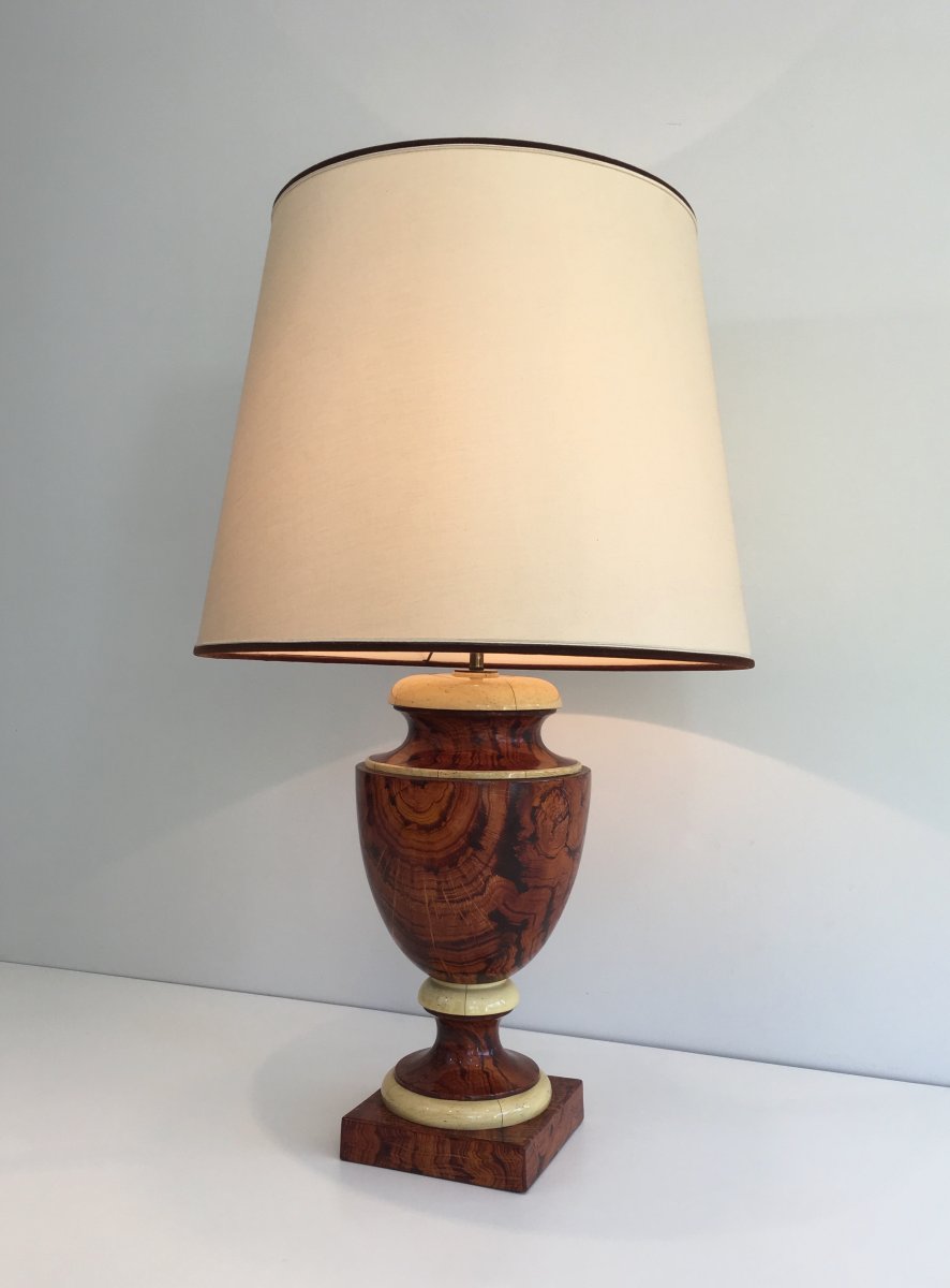 Decorative Faux-bois And Parchment Lacquered Wood Table Lamp. French. Circa 1970-photo-2