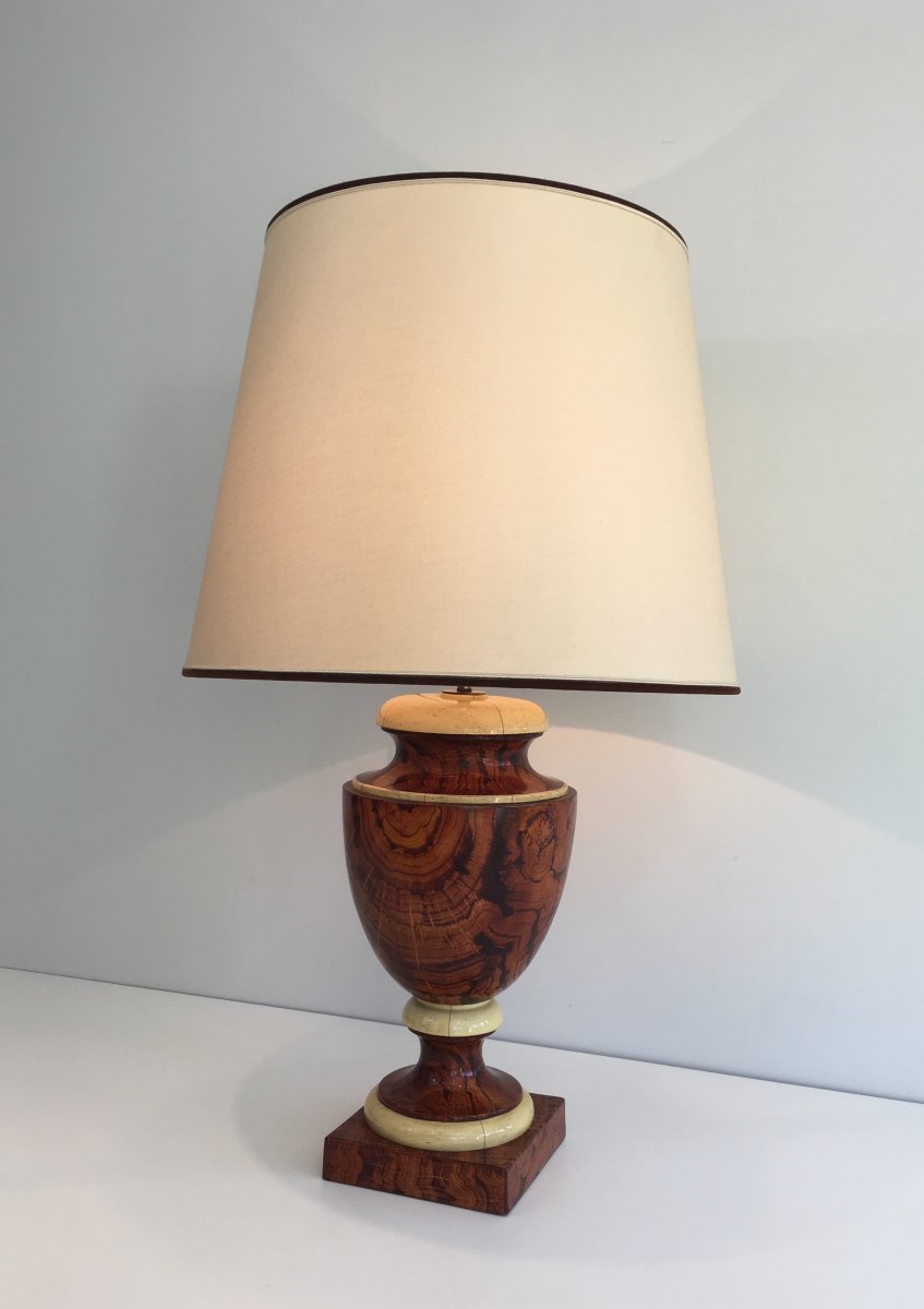 Decorative Faux-bois And Parchment Lacquered Wood Table Lamp. French. Circa 1970-photo-3