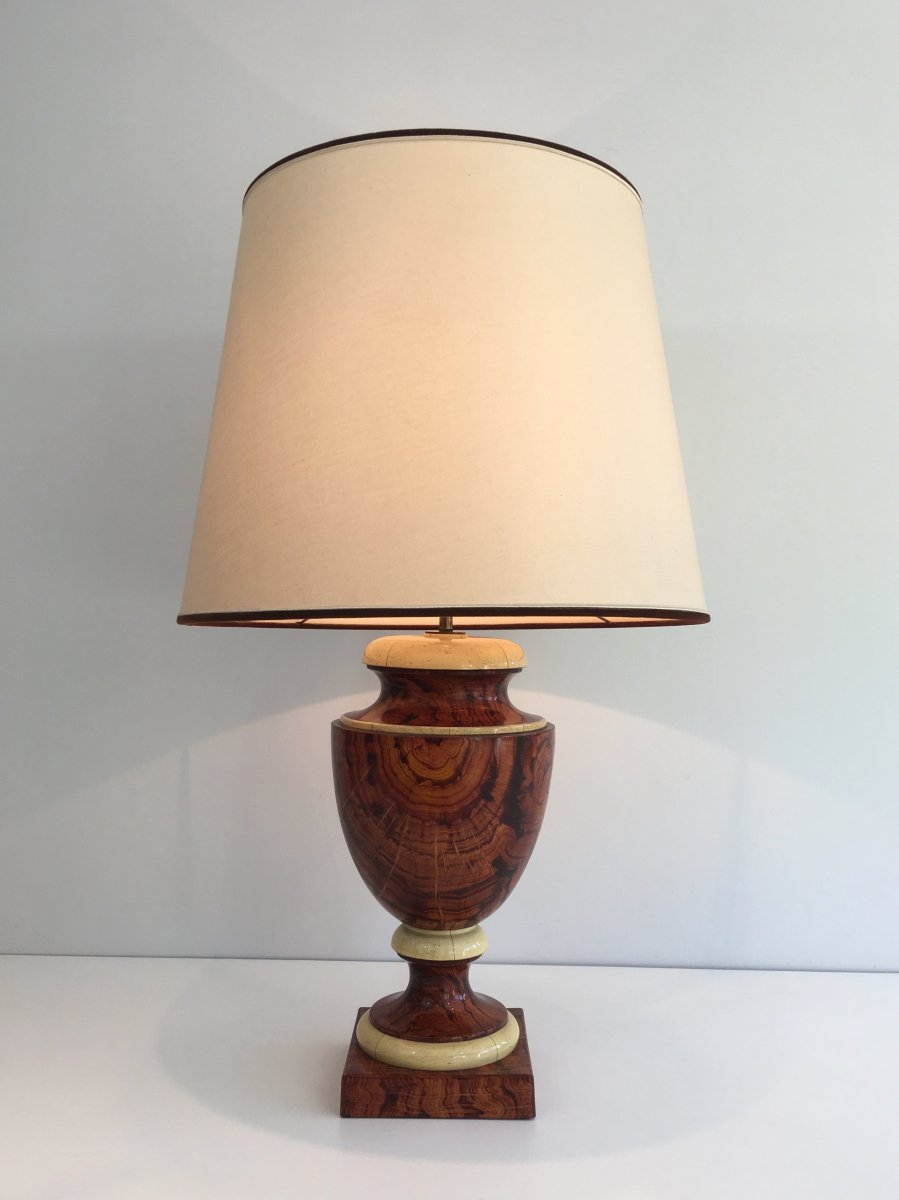 Decorative Faux-bois And Parchment Lacquered Wood Table Lamp. French. Circa 1970-photo-5