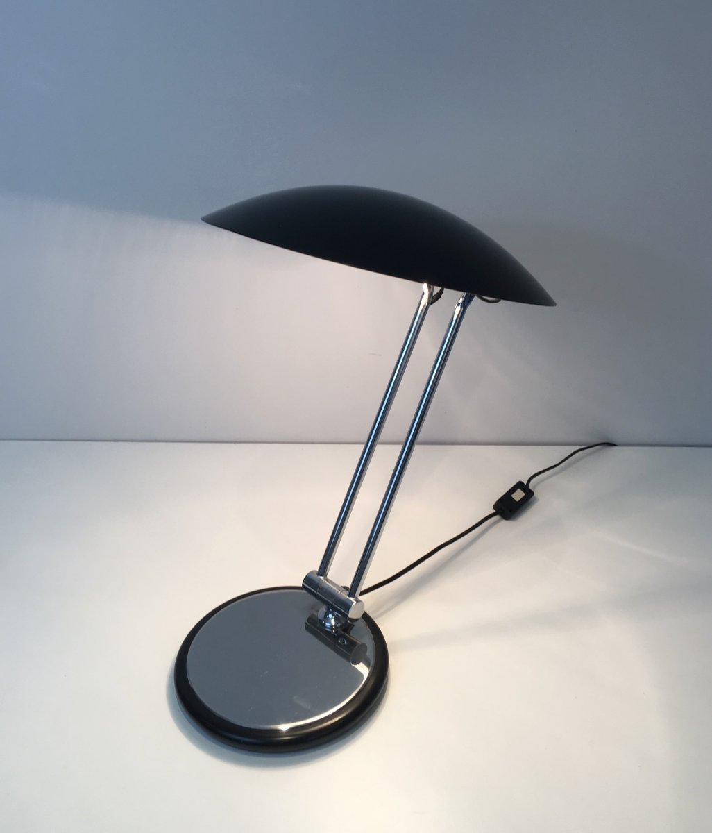 Lampe De Bureau Design Pivotante En Chrome Et Métal Laqué Noir. Vers 1970-photo-3