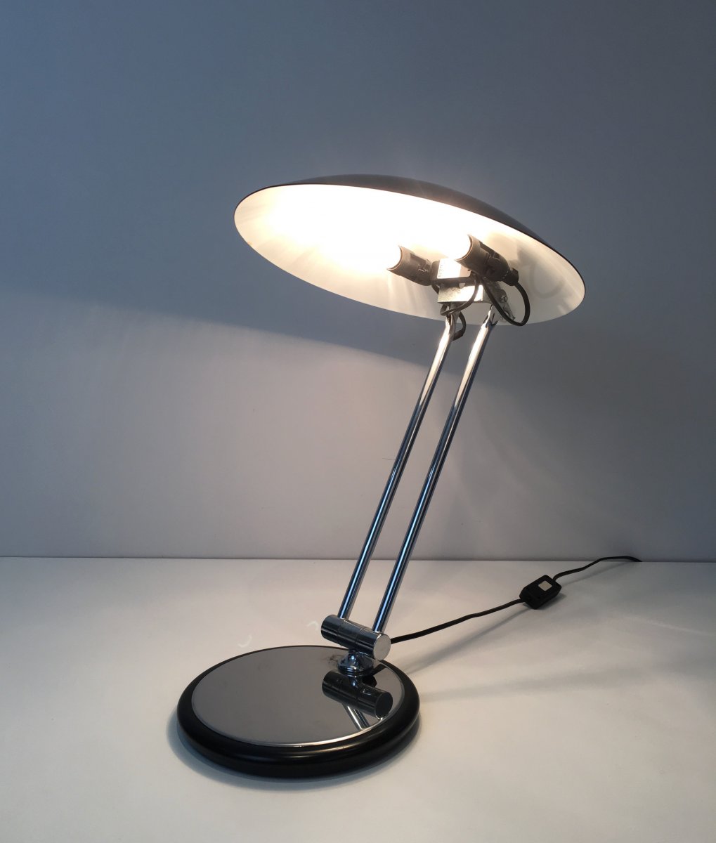 Lampe De Bureau Design Pivotante En Chrome Et Métal Laqué Noir. Vers 1970-photo-4