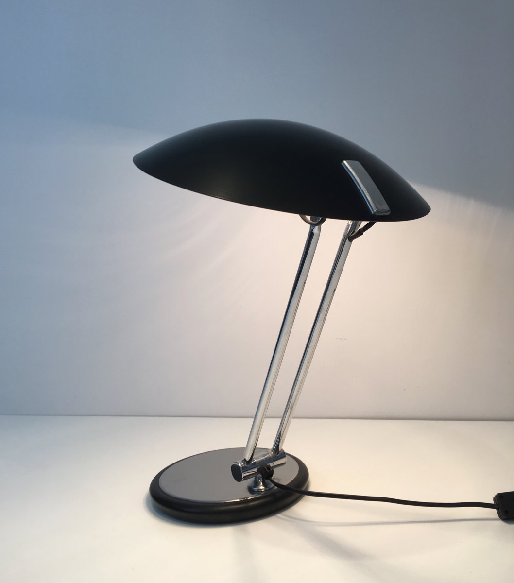 Lampe De Bureau Design Pivotante En Chrome Et Métal Laqué Noir. Vers 1970-photo-1