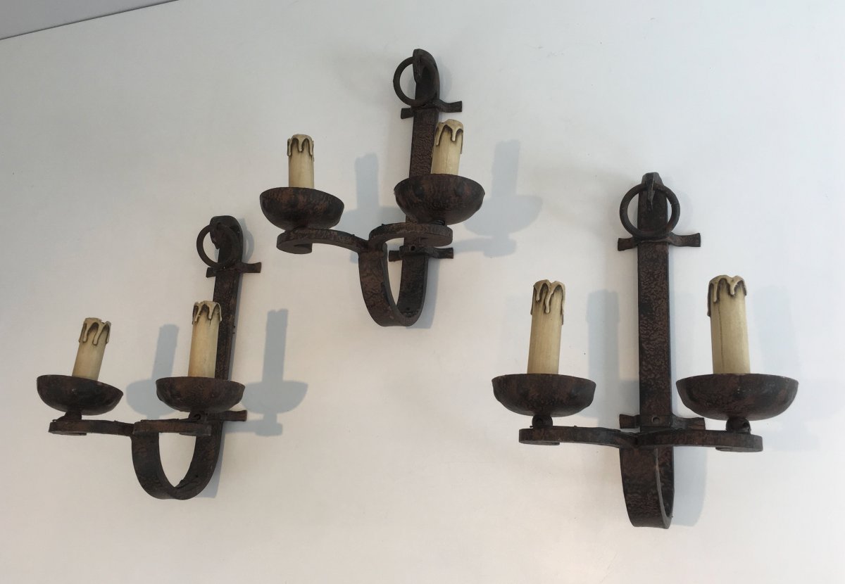 Set Of 3 Wrought Iron Sconces. French. Circa 1950. Can Also Be Sold Per Unit Or As A Pair-photo-2