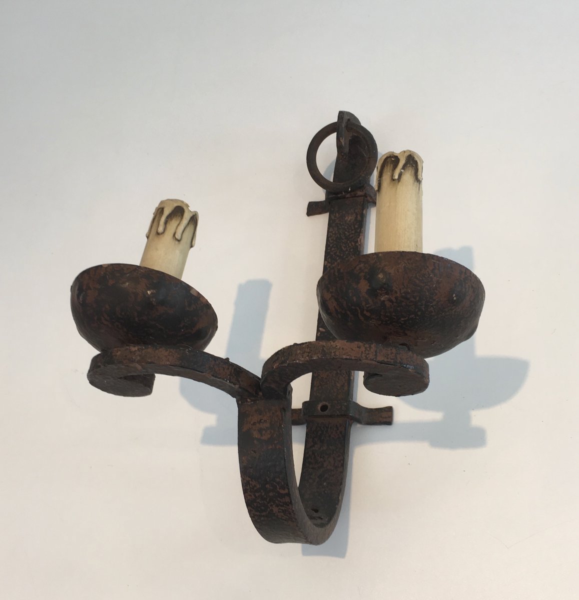 Set Of 3 Wrought Iron Sconces. French. Circa 1950. Can Also Be Sold Per Unit Or As A Pair-photo-3