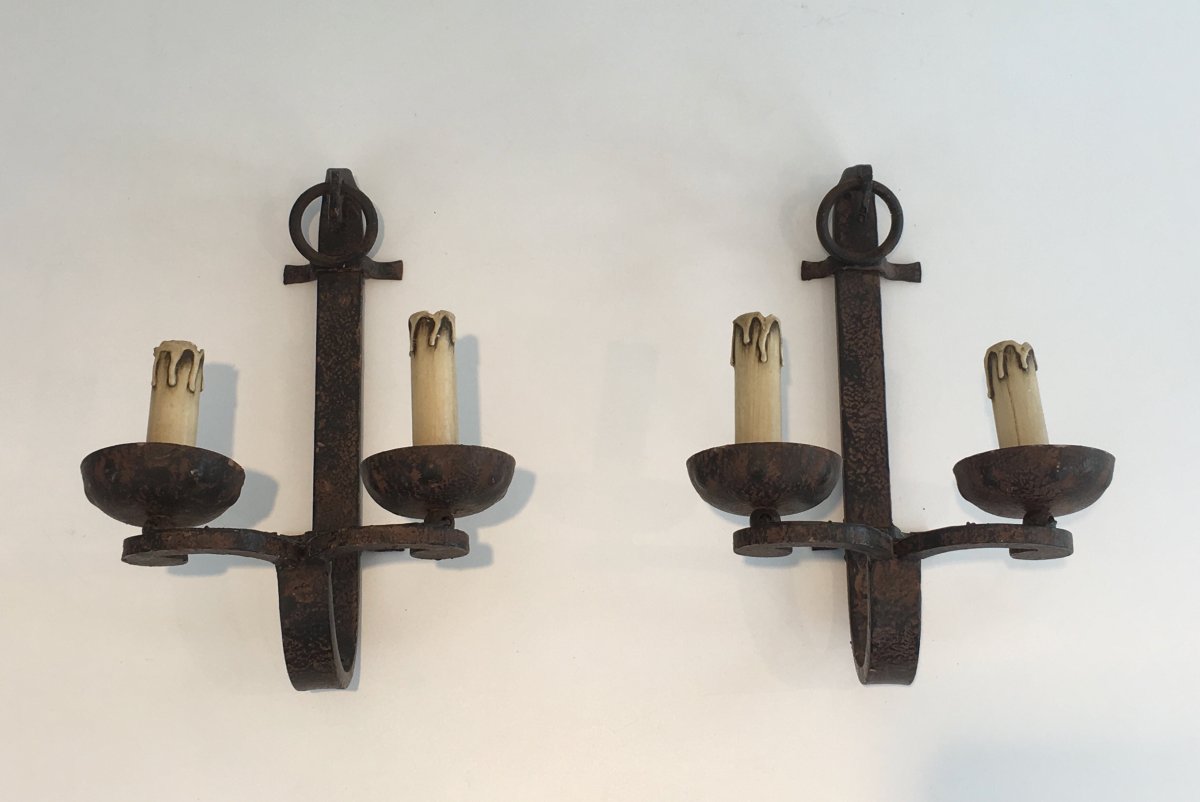 Set Of 3 Wrought Iron Sconces. French. Circa 1950. Can Also Be Sold Per Unit Or As A Pair-photo-8