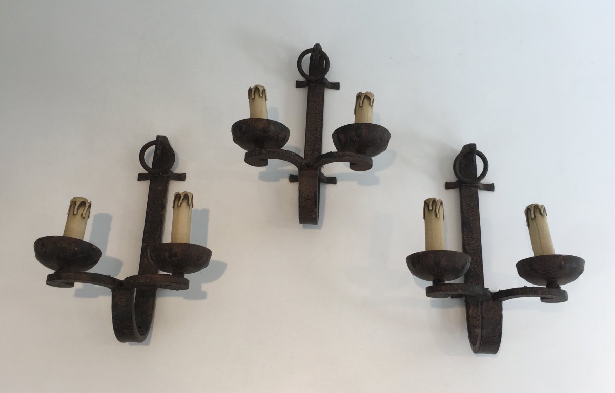 Set Of 3 Wrought Iron Sconces. French. Circa 1950. Can Also Be Sold Per Unit Or As A Pair