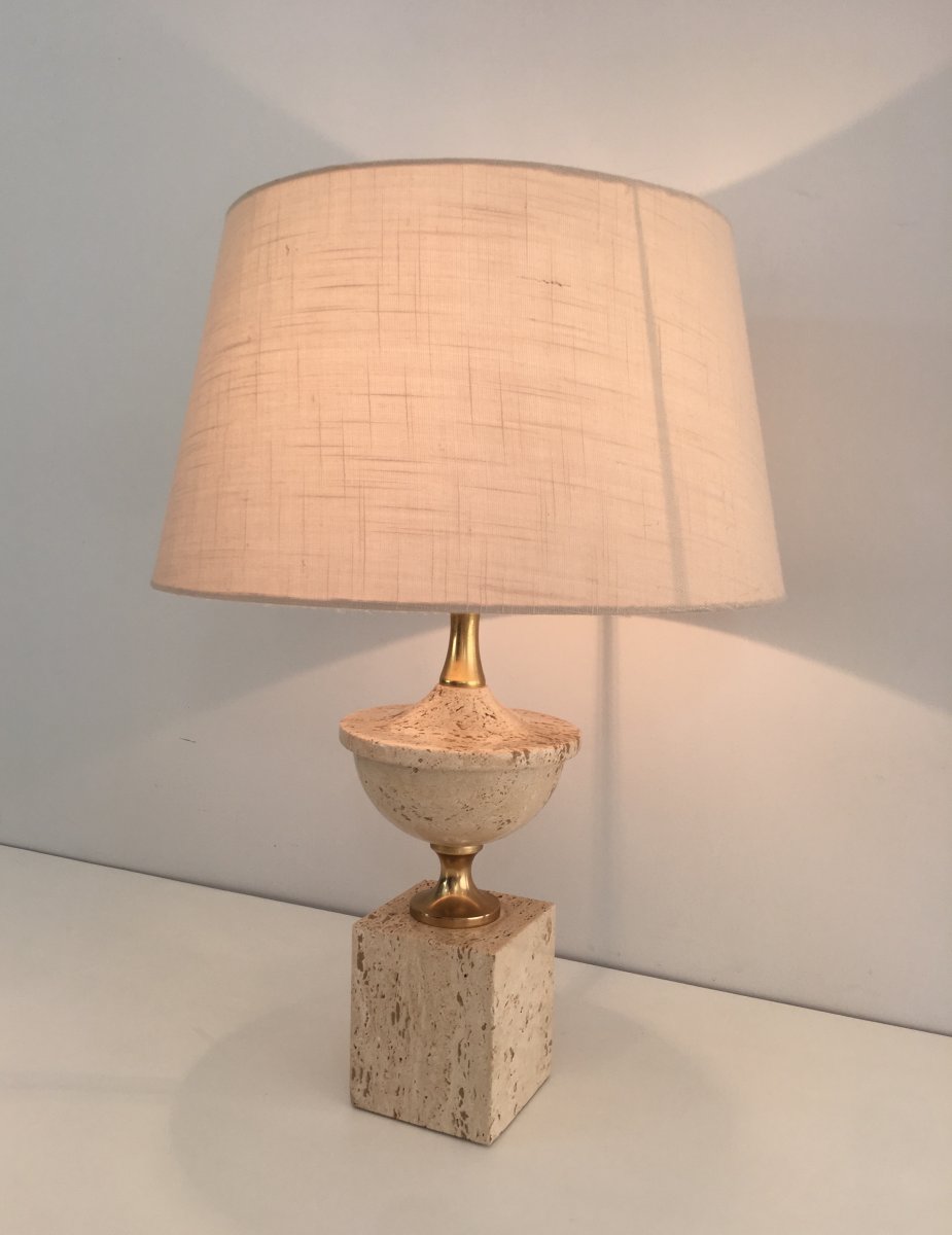 Travertine And Gilt Metal Baluster Table Lamp. French. Philippe Barbier. Circa 1970-photo-2