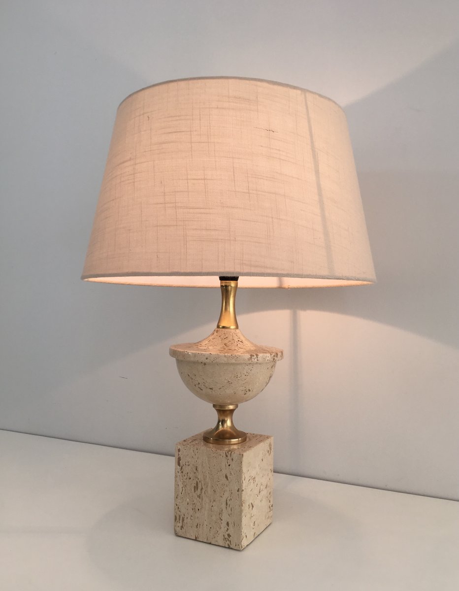 Travertine And Gilt Metal Baluster Table Lamp. French. Philippe Barbier. Circa 1970-photo-3