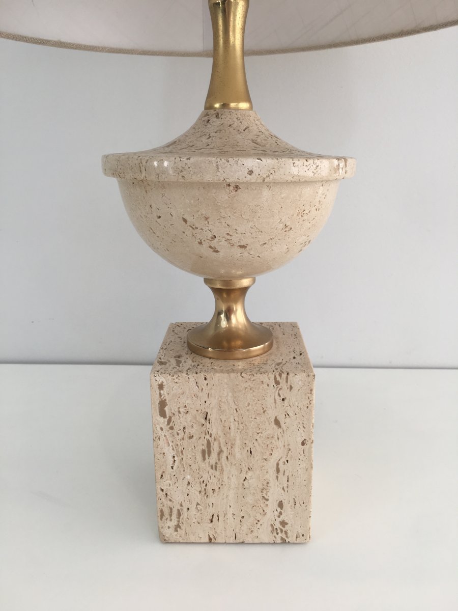 Travertine And Gilt Metal Baluster Table Lamp. French. Philippe Barbier. Circa 1970-photo-1