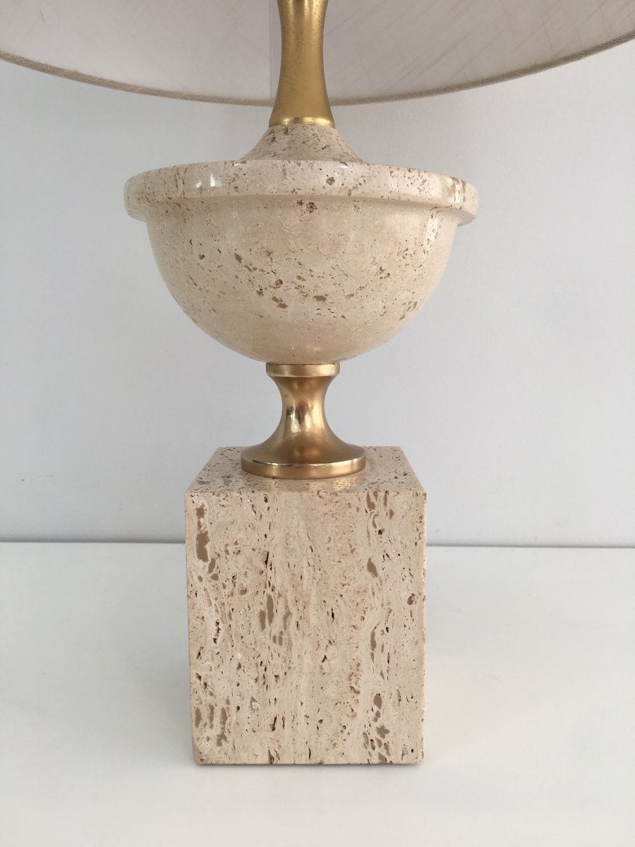 Travertine And Gilt Metal Baluster Table Lamp. French. Philippe Barbier. Circa 1970-photo-4