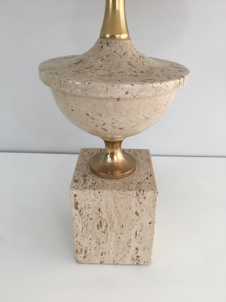 Travertine And Gilt Metal Baluster Table Lamp. French. Philippe Barbier. Circa 1970-photo-6