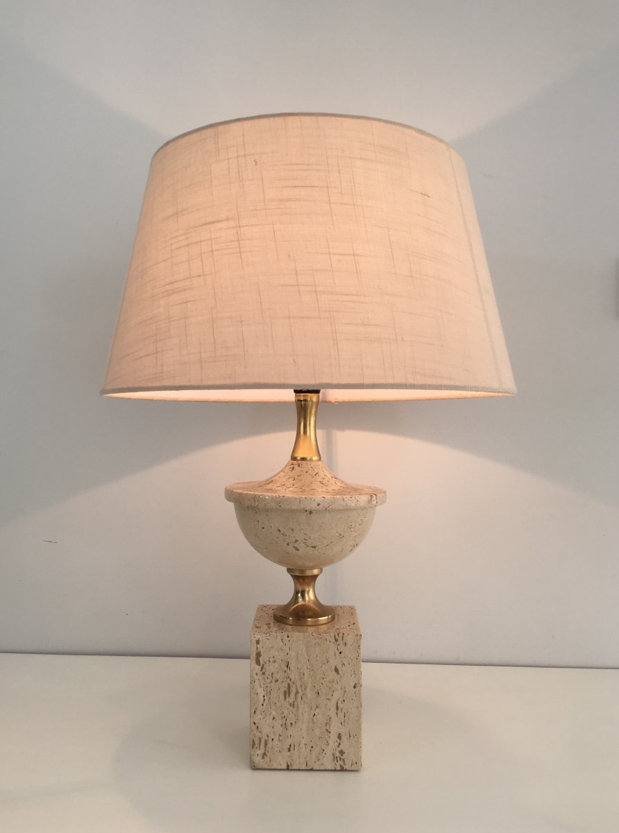 Travertine And Gilt Metal Baluster Table Lamp. French. Philippe Barbier. Circa 1970-photo-8
