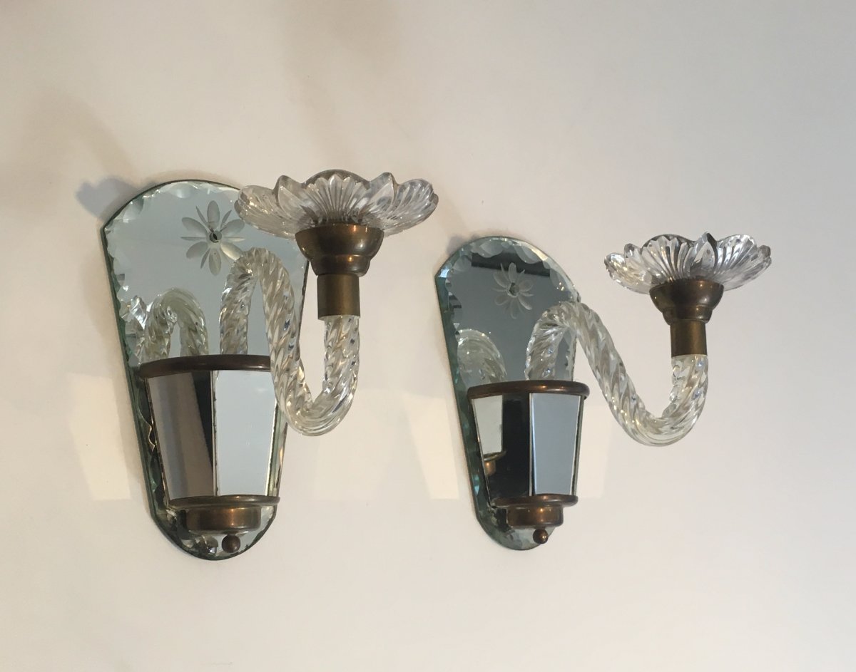 Pair Of Murano Mirrored And Brass Wall Sconces. Italian. Circa 1970-photo-3