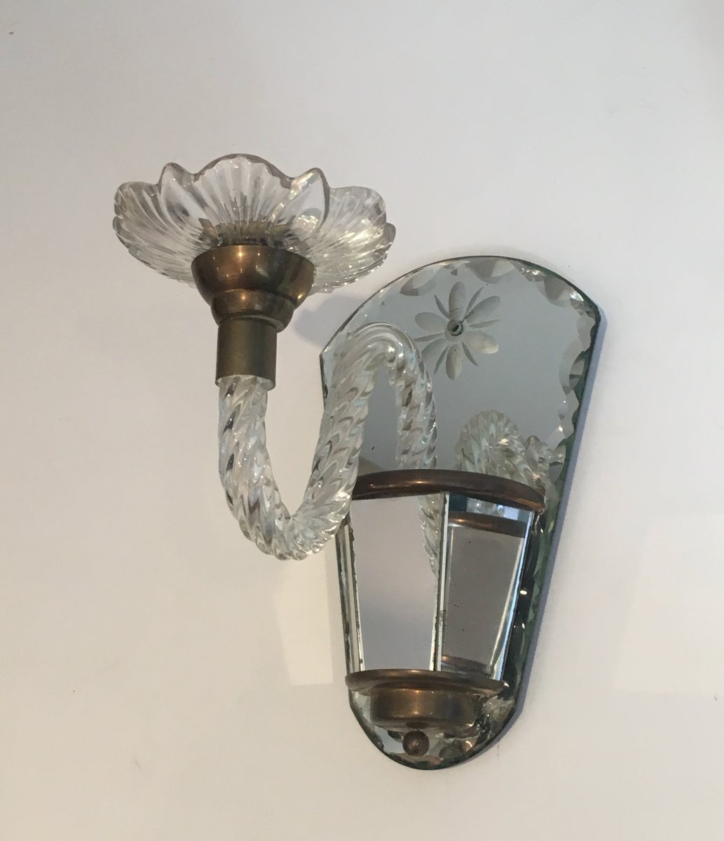 Pair Of Murano Mirrored And Brass Wall Sconces. Italian. Circa 1970-photo-1