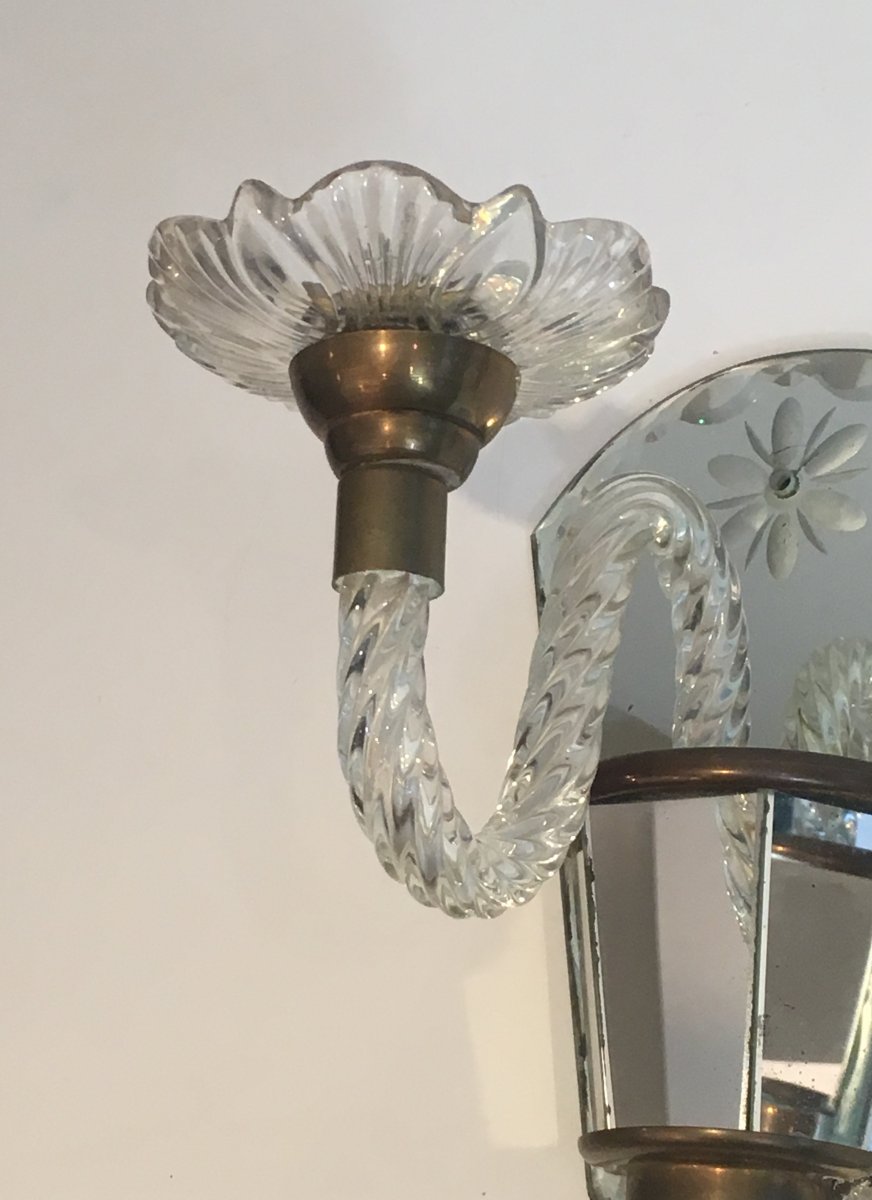 Pair Of Murano Mirrored And Brass Wall Sconces. Italian. Circa 1970-photo-2