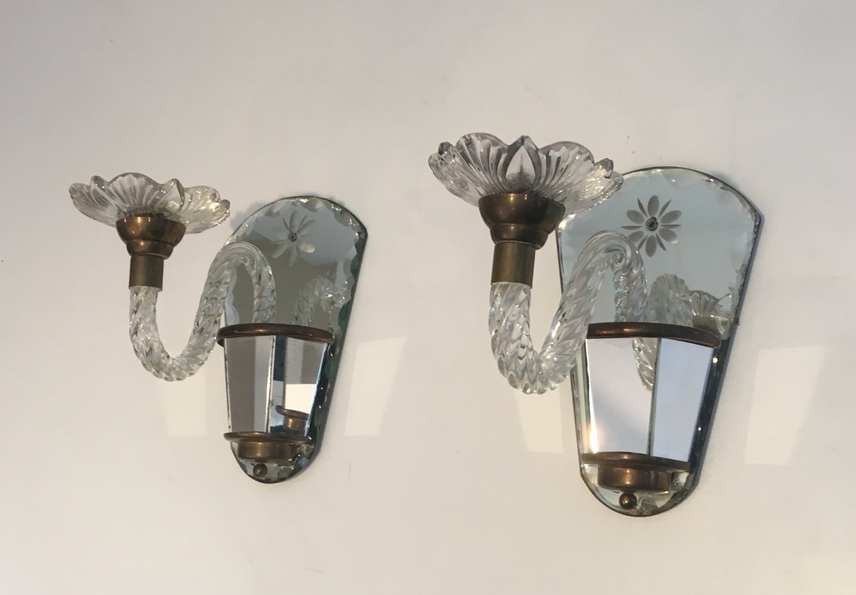 Pair Of Murano Mirrored And Brass Wall Sconces. Italian. Circa 1970-photo-8