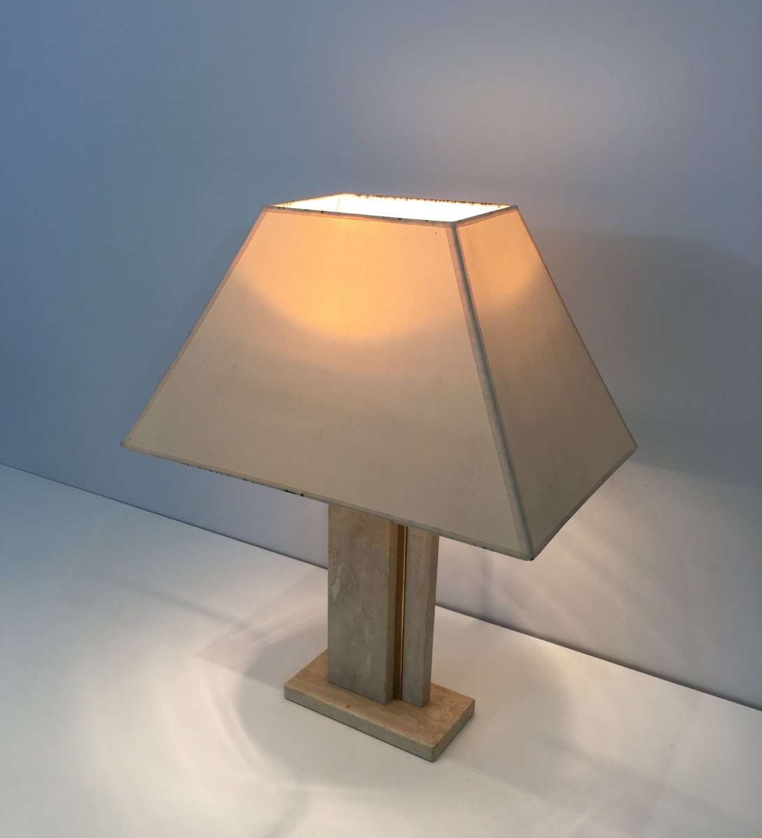 Travertine And Brass Table Lamp With Original Shade. French. Circa 1970-photo-4