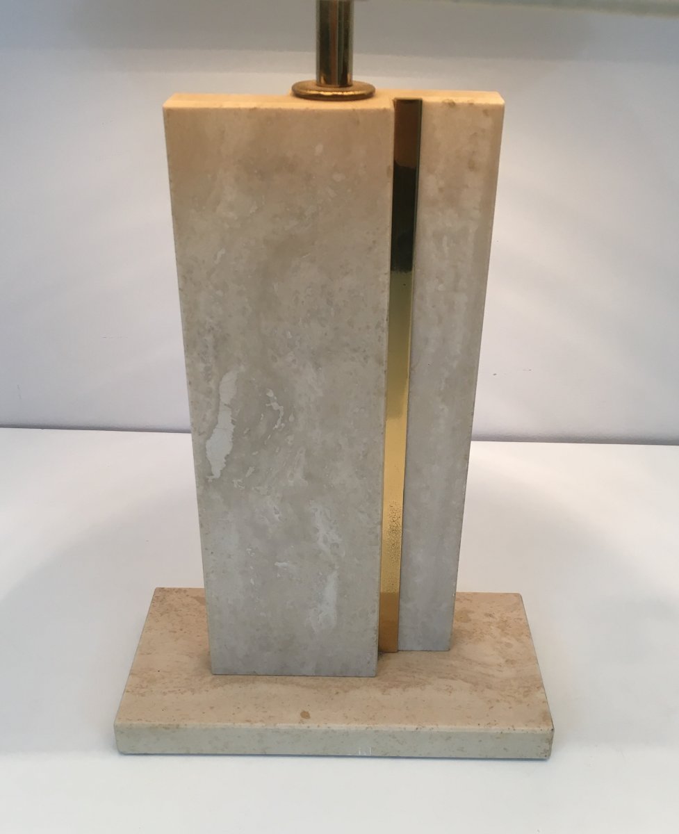 Travertine And Brass Table Lamp With Original Shade. French. Circa 1970-photo-1