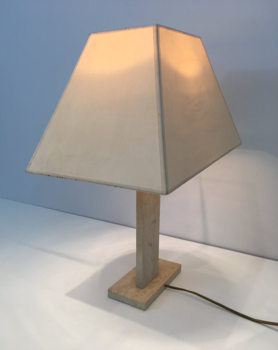 Travertine And Brass Table Lamp With Original Shade. French. Circa 1970-photo-5